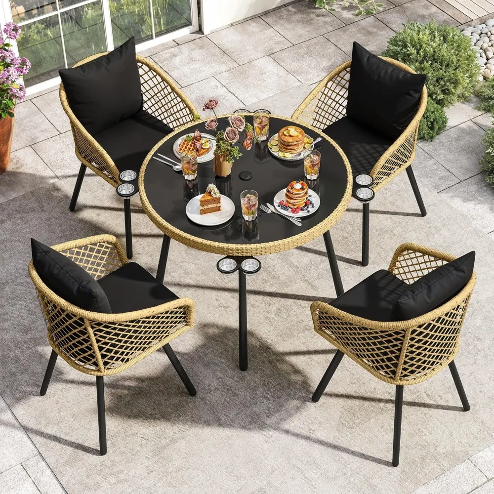 5-Piece Outdoor Dining Set with Umbralle Hole, Rattan Patio Dining Set for 4 with Cup Holders Soft Cushions and Glass Top Dinin 5-Piece Outdoor Dining Set with Umbralle Hole, Rattan Patio Dining Set for 4 with Cup Holders Soft Cushions and Glass Top Dinin