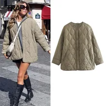 TRAF Quilted Jacket For Women 2023 Autumn Winter Long Sleeve O-Neck Outerwear Elegant Luxury Designer Quilted Jacket Women Trend