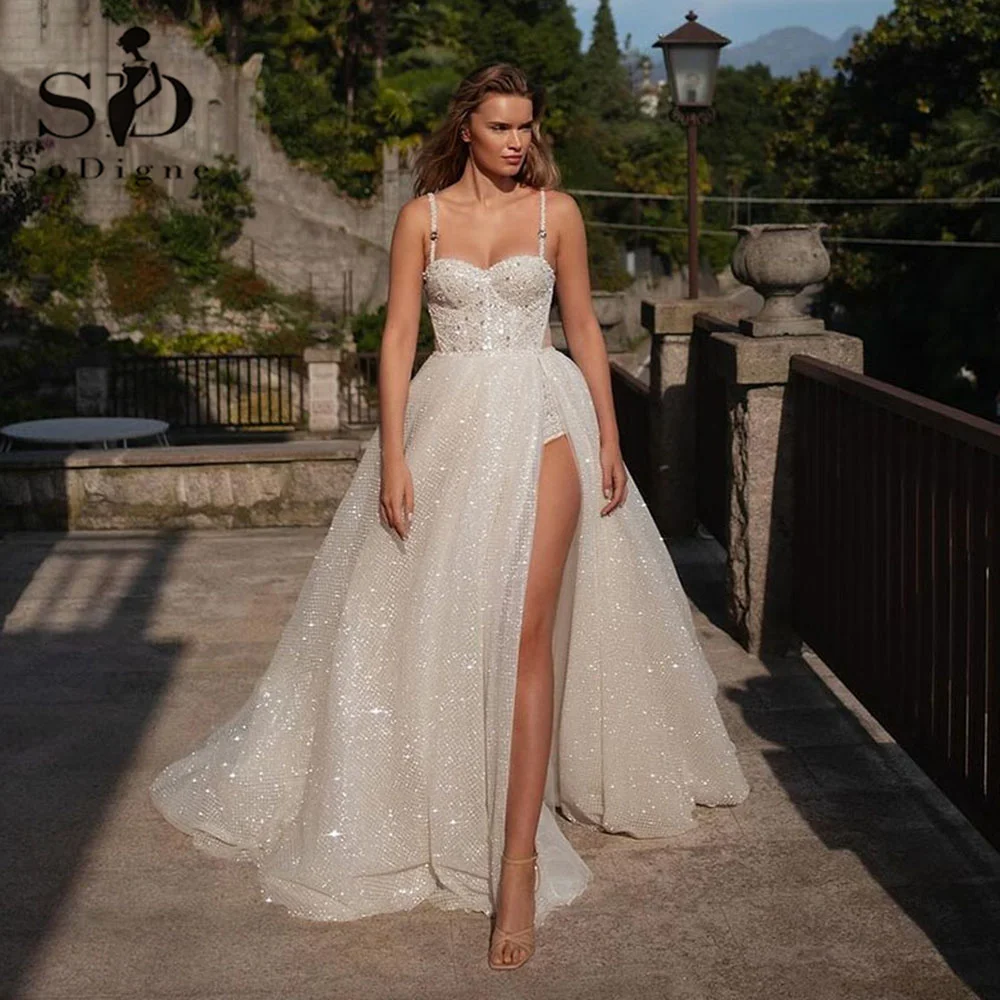 

SoDigne Luxury Charming Wedding Dresses For Women Sweetheart Spaghetti strap Robe De Mariee Lace Sequined Glitter Bride Dress