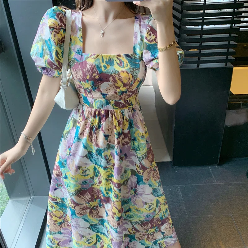 

Floral Print Retro Women Long Dress 2022 Summer New Puff Short Sleeve Backless Lace Up Hollow Out Square Collar Female Dresses