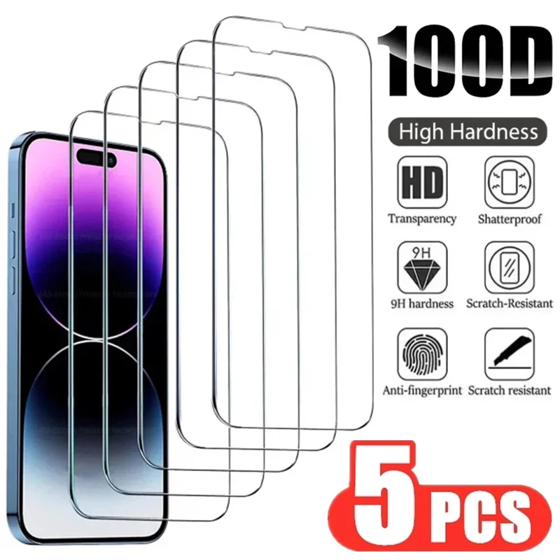 

5Pcs 9H Tempered Glass For iPhone 14 11 12 13 15 Pro Max Mini 7 8 Plus Screen Protectors For iPhone XR X XS MAX Protective Glass