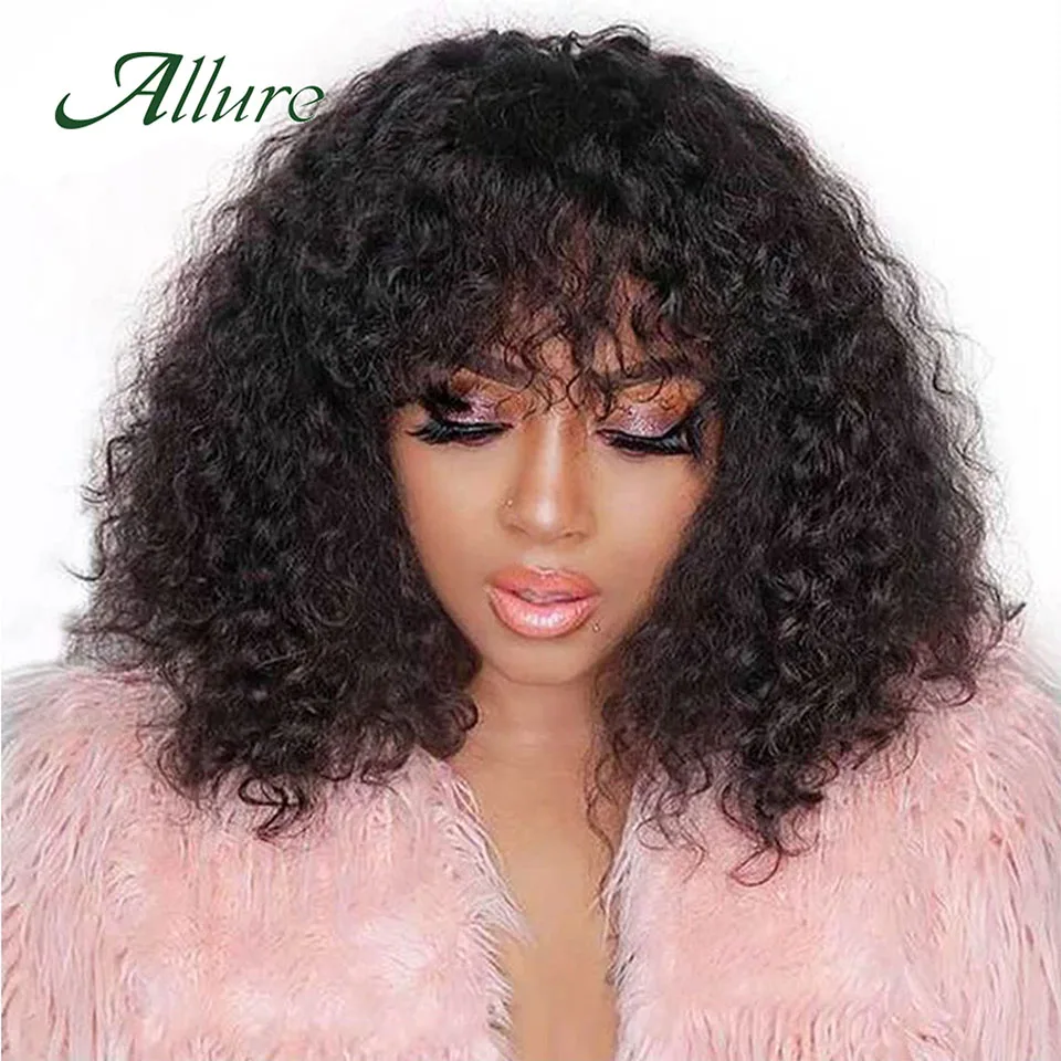 

Short Pixie Bob Cut Brazilian Human Hair Wig With Bangs Jerry Curly Non lace front Wigs for Women Allure Natural Black Hair Wigs