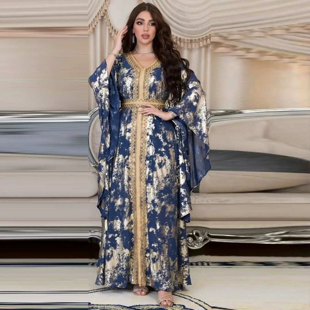 

Luxurious Women's Jalabiyat Moroccan Kaftan Abaya Dubai Print V-Neck Guipure Lace Tape Belted Dress Islamic Dresses For Women
