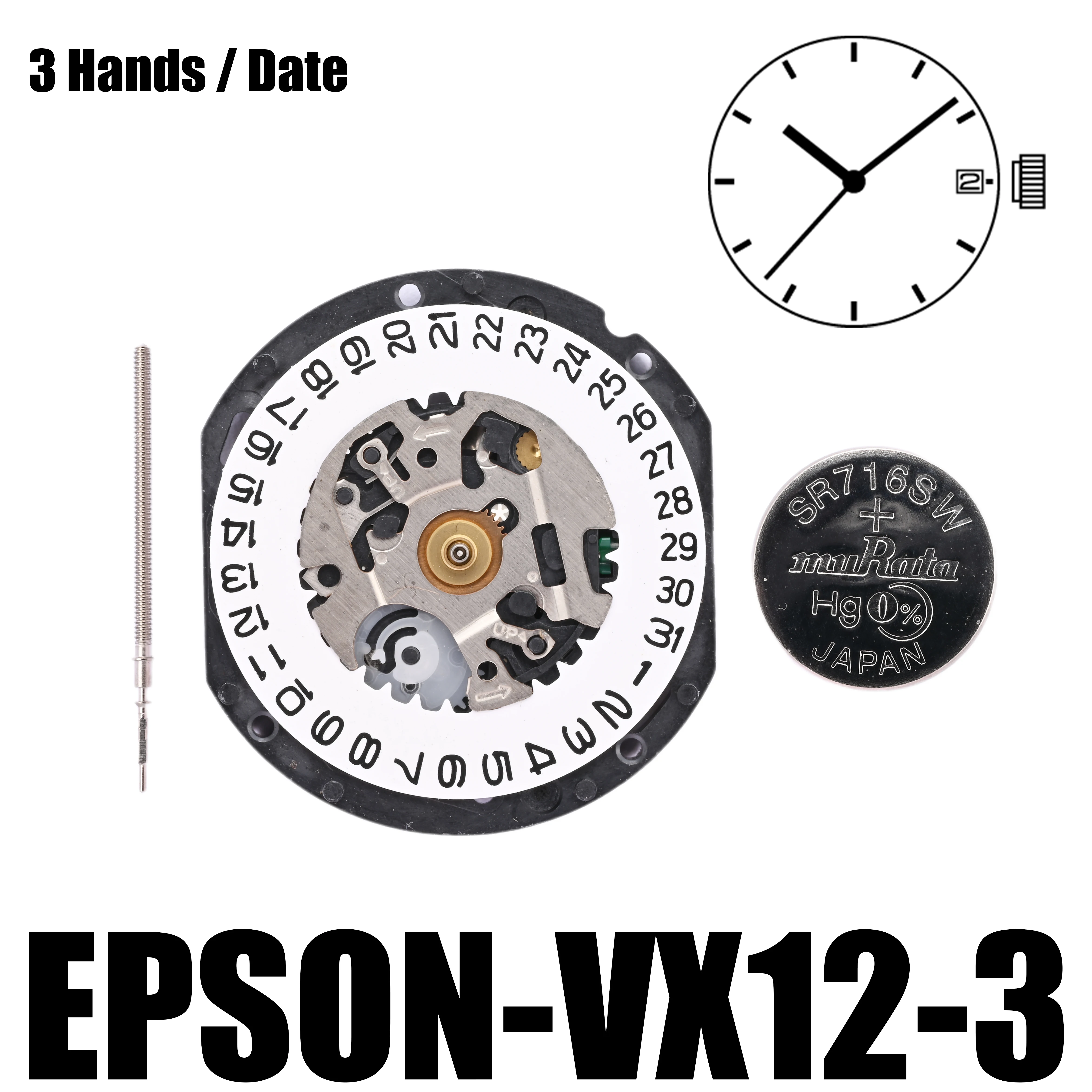 

Epson VX12 Movement Japan Genuine VX Calendar Series VX12E Quartz Movement Size: 8 3/4 '' 2 Hands/Date display at 3:00