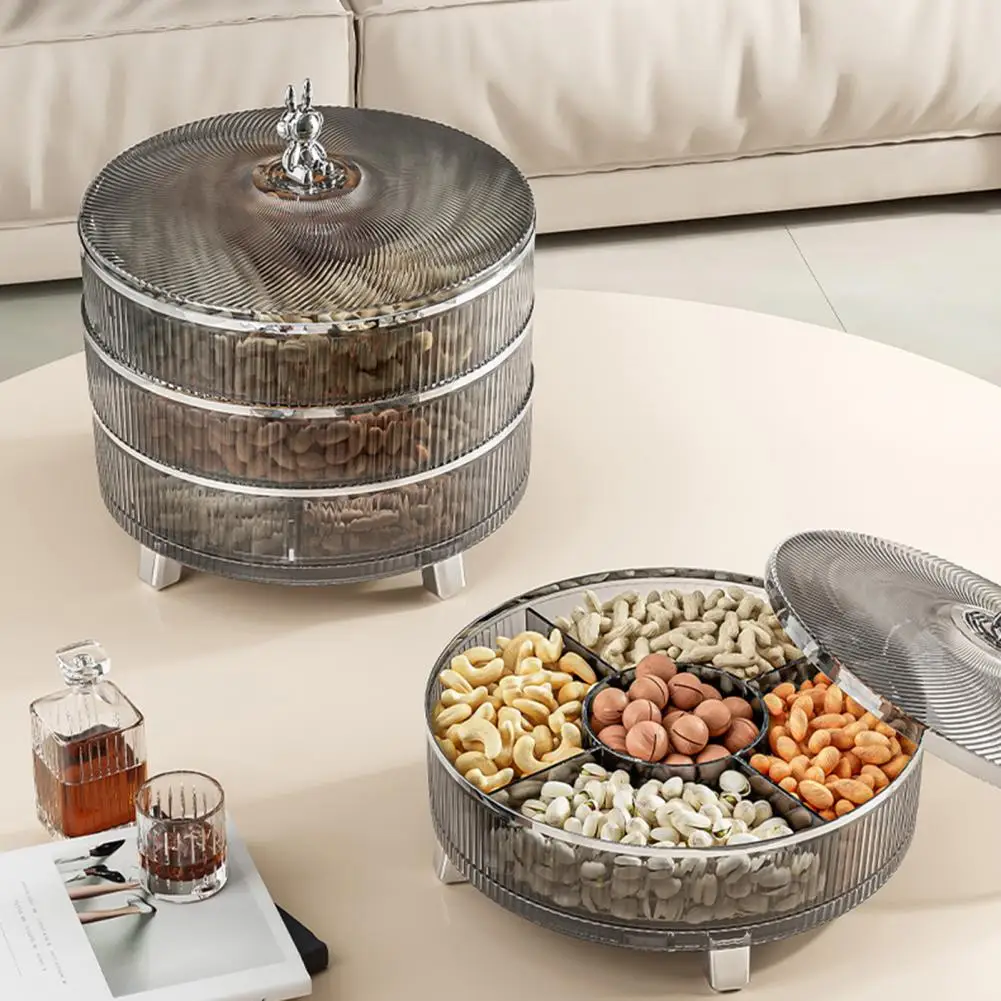 

Snack Organizer with Moisture-proof Cover 360-degree Rotation Triple Layer Divided Nut Serving Tray with for Appetizer for Dried