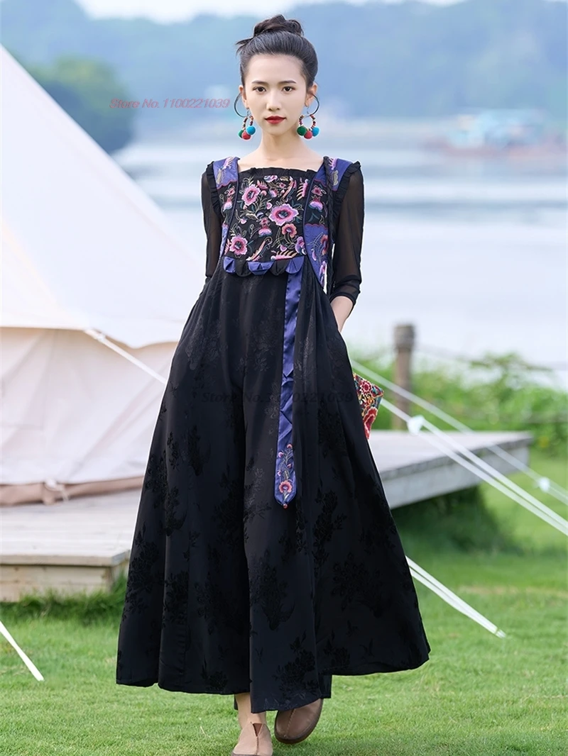 

2024 traditional chinese vintage hanfu dress national flower embroidery a-line dress satin jacquard dress oriental folk dress