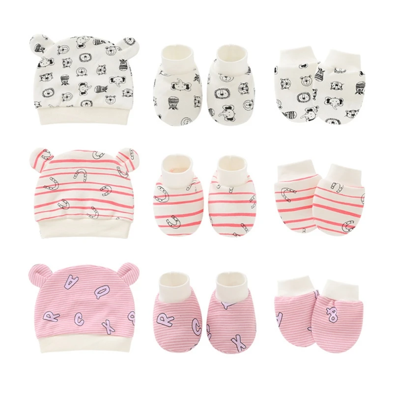

3 Pcs Soft Cotton Comfy No Scratch Mittens Socks Turban 0-3 Months Baby Anti Scratching Gloves Foot Cover Hat Set