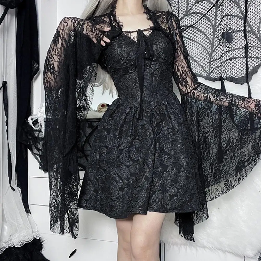 

Women Lace Cardigan Women Lace Bell Sleeve Cardigan Elegant Vintage Black Lace T-shirt with Flared Sleeves Sexy See for Women