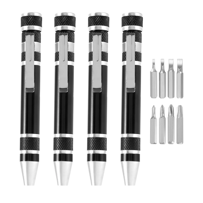 

4 Pcs Pen Screwdriver Handy Tool 8 In 1 Magnetic Pocket Screwdriver Multi-Function Mini Gadgets Repair Tools (Black)