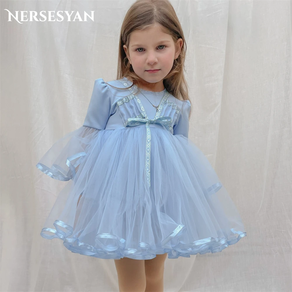 

Nersesyan Sky Blue Flower Girl Dresses For Wedding A-Line Flare Sleeves Solid Birthday Party Gowns Children Dress Occasional