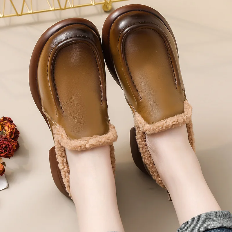 

CICIYANG Fluff Loafers Women Genuine Leather Winter New Thick-soled Anti-slip Shoes British Style Ladies Round Head Loafers