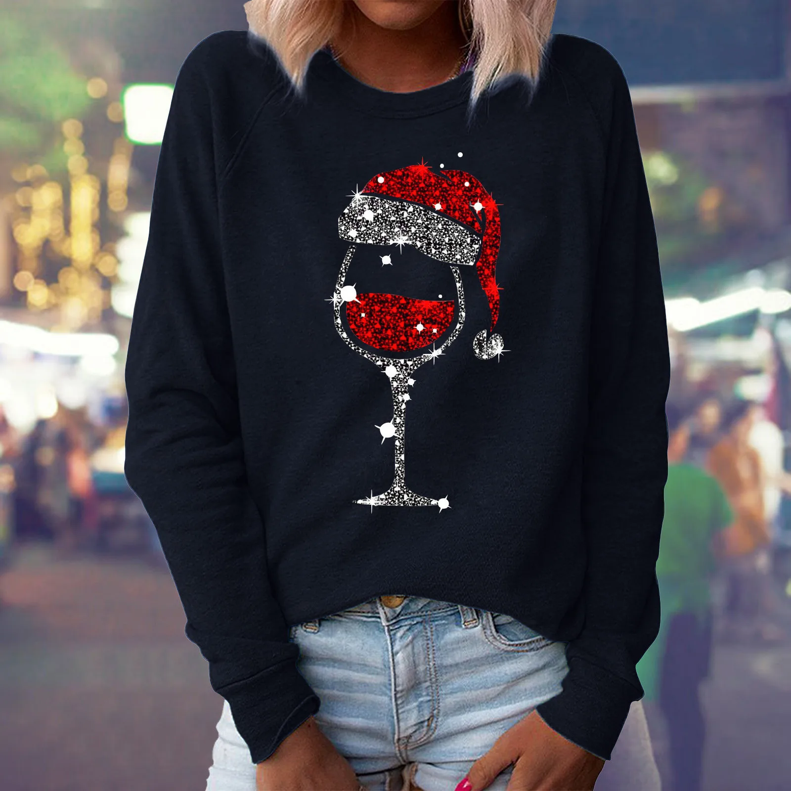 

Merry Christmas Sweatshirts For Womens Casual Glitter Wine Glasses Printed Pullovers 2023 Trendy Xmas Sweatshirt Sweater Tops