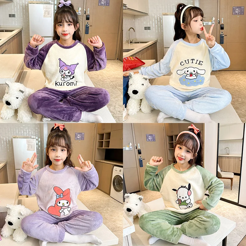 

Miniso Winter Flannel Children Pajamas Set Kawaii Anime Kuromi Melody Cinnamoroll Pochacco Boy Girl Warm Sleepwear Kids Homewear