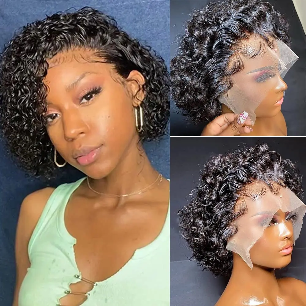 

Pixie Cut Wig Human Hair 13x1 Curly Lace Front Bob Wig Short Cut 1b Natural Black Pre Plucked Hairline Bleached Knots Ubetta