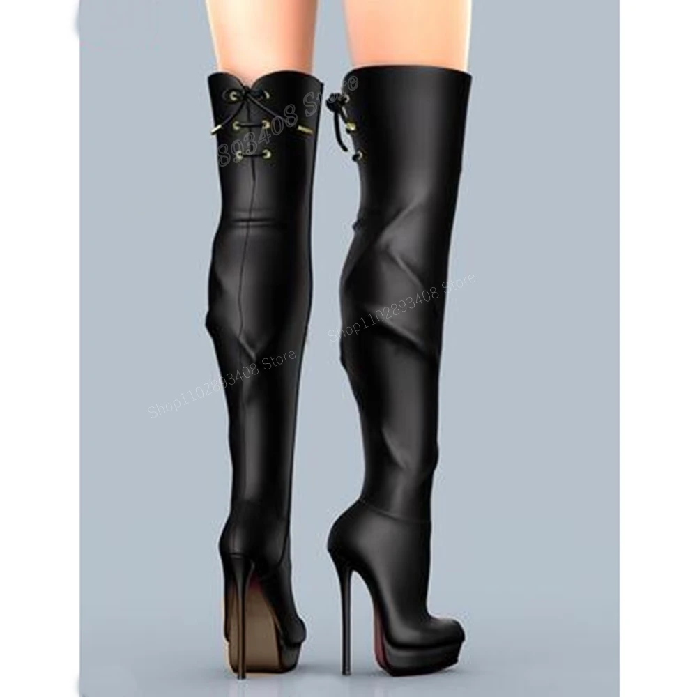 

Black Elastic Low Platform Over the Knee Boots Back Strappy Stiletto High Heel Leather Sexy Women Shoes 2024 Zapatos Para Mujere