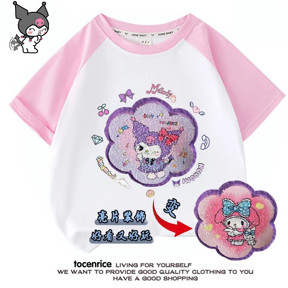 

Детская футболка с коротким рукавом Cinnamoroll Kuromi Melody Anime Sanrios Kawaii Новая летняя Корейская Молодежная Повседневная шикарная Футболка с блестками