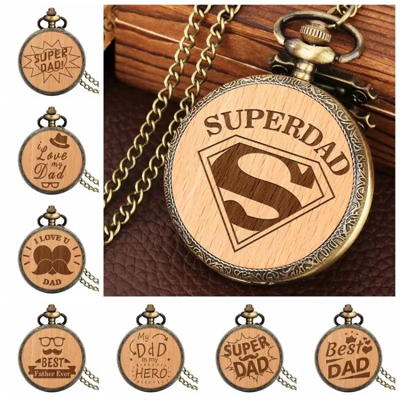 

Super DAD Personalised Laser Engraved Quartz Pocket Watch FOB Chain Wooden Watch for Men Fathers Day Gifts Best Present for Dad