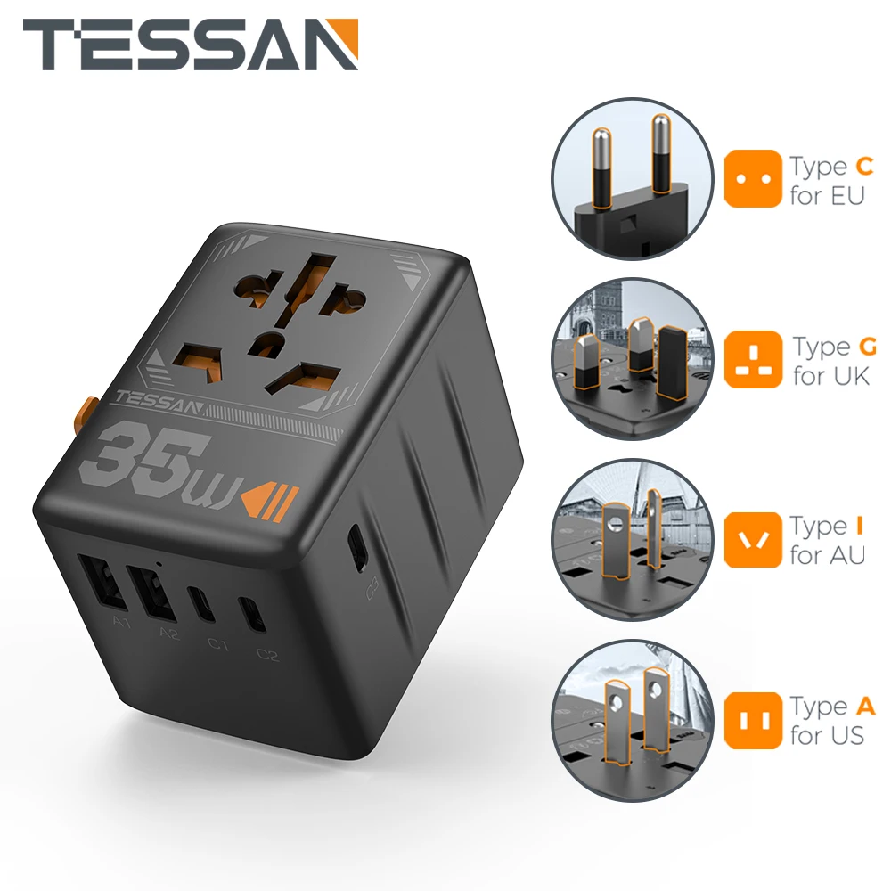 

TESSAN 35W Universal Travel Adapter Worldwide with USB Ports & Type C Fast Charging Power Adapter EU/UK/USA/AUS Plug for Travel