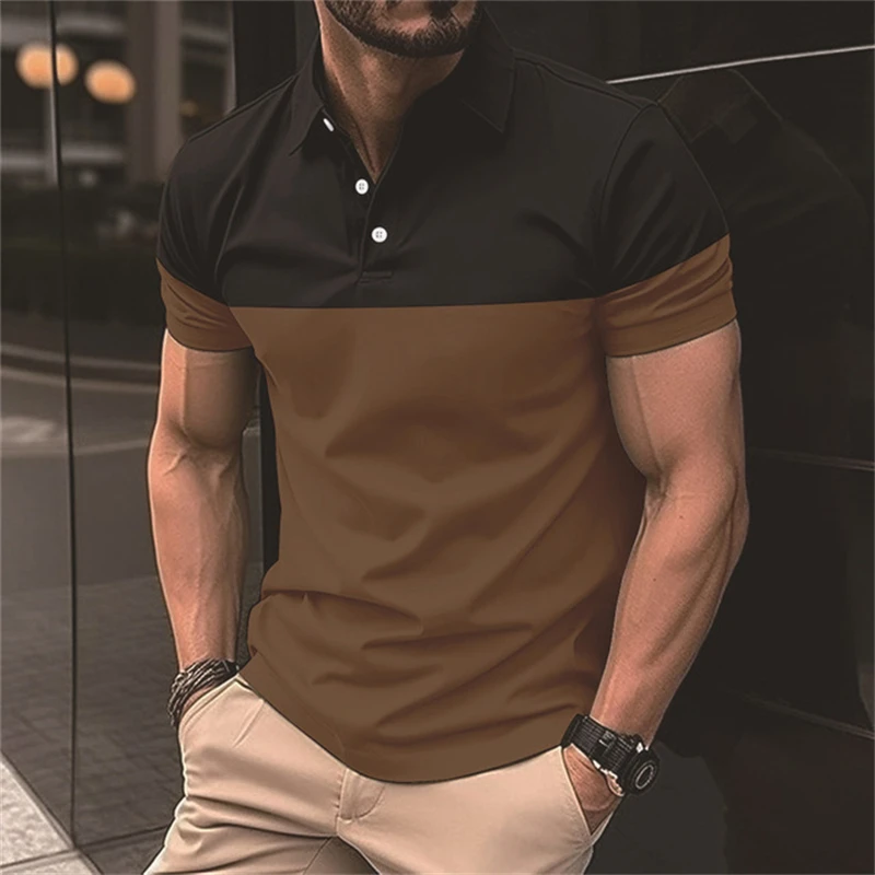 

Fashion Color Blocking Splicing Print Polo Shirt For Men Outdoor Sports Golf Clothing Summer Casual Lapel Short Sleeve Loose Top