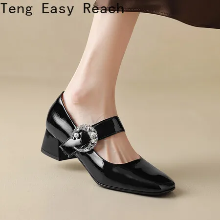 

2024 Spring Mary Jane Patent Leather Women's Shoes Fashion French Style Square Head Thick Heel Women Buckle Commuter Pump