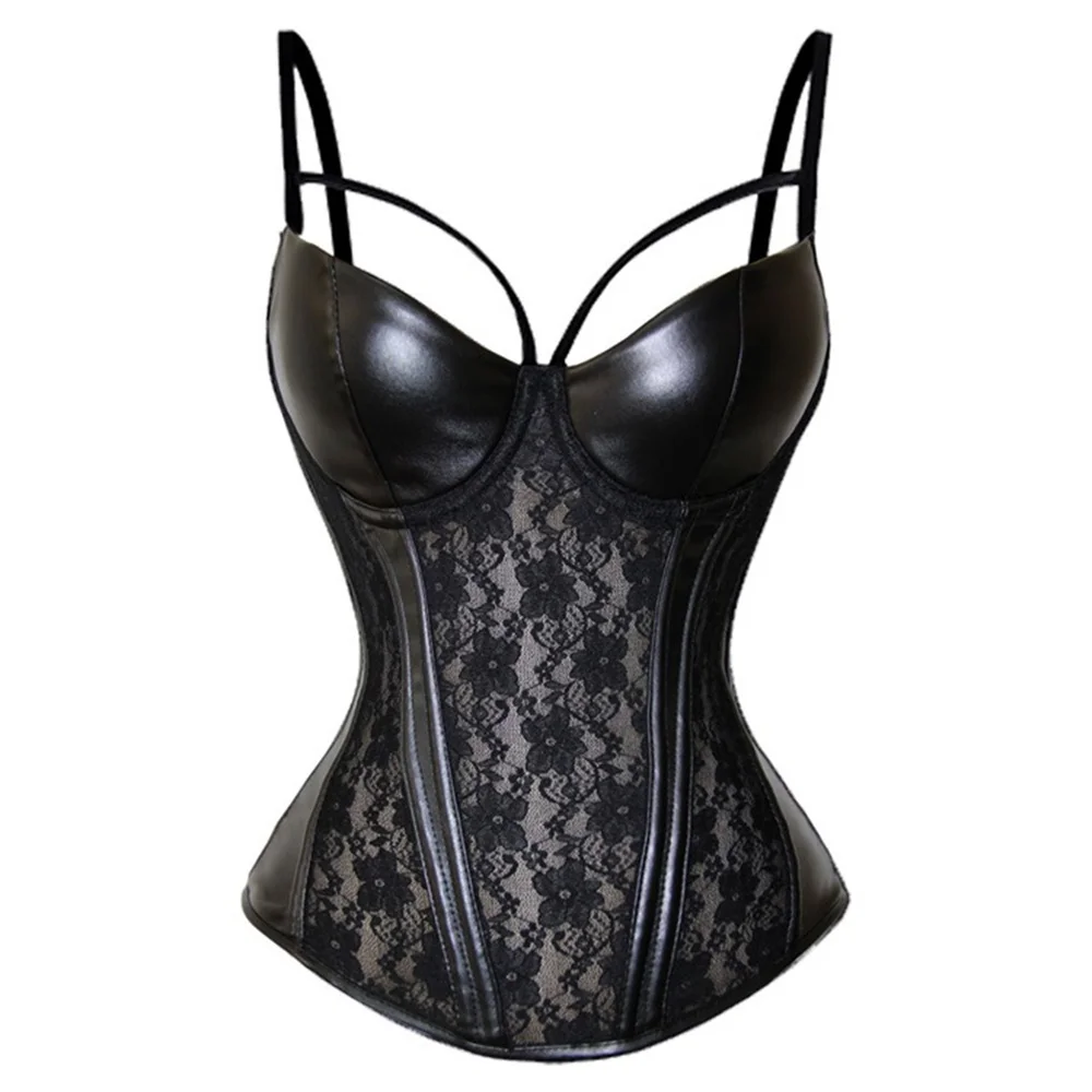 

Black PU Leather splicing Lace Overbust Corset Women Sexy Lingerie Body Shaper Sling Padded Cup Corset And Bustier Top Plus Size