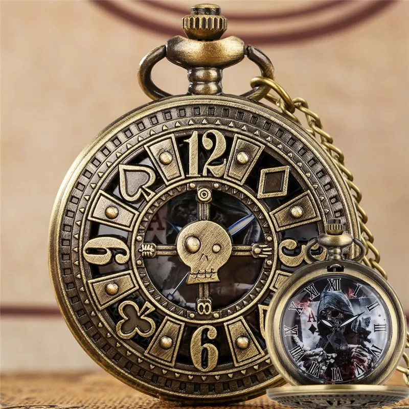 

Steampunk Hollow Out Skull Case Men Women Retro Pirate Quartz Analog Pocket Watch Poker Design Necklace Pendant Chain Clock