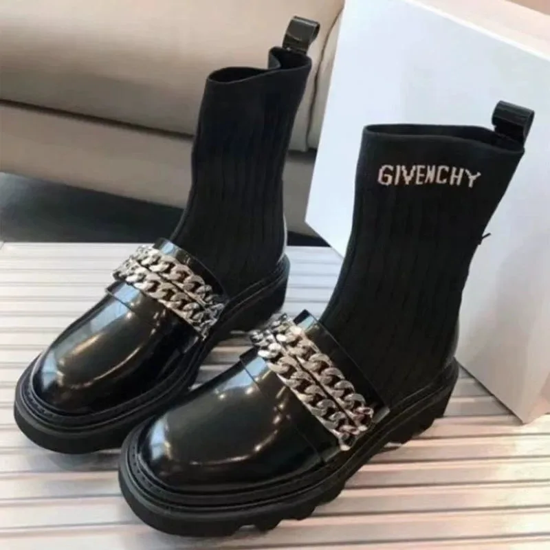 

Chain Round Toe Platform Ankle Boots Patent Leather Patchwork Short Booties Height-Increasing Fashionable Elastic Sock Botines