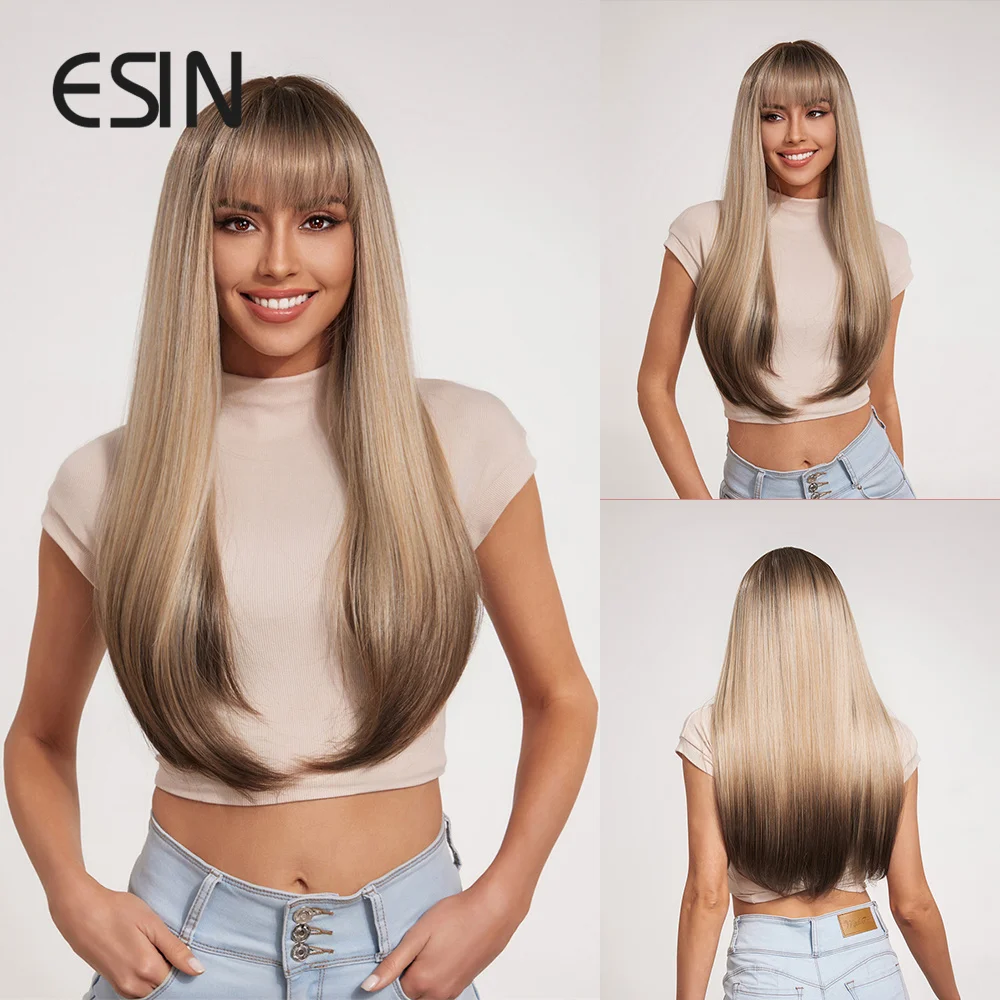 

ESIN Synthetic Ombre Brown Wigs for Women Long Straight Wig with Bangs Heat Resistant Fiber DailyCosplay Party Natural looking