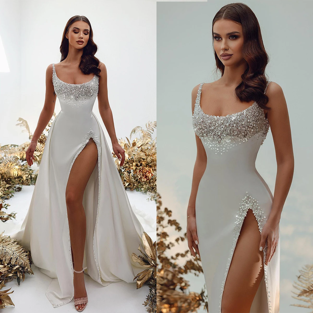Design Romantic Satin Mermaid Wedding Dress 2023 Sexy Spaghetti Pearls Beading Custom Made Bridal Gowns
Design Romantic Satin Mermaid Wedding Dress 2023 Sexy Spaghetti Pearls Beading Custom Made Bridal Gowns