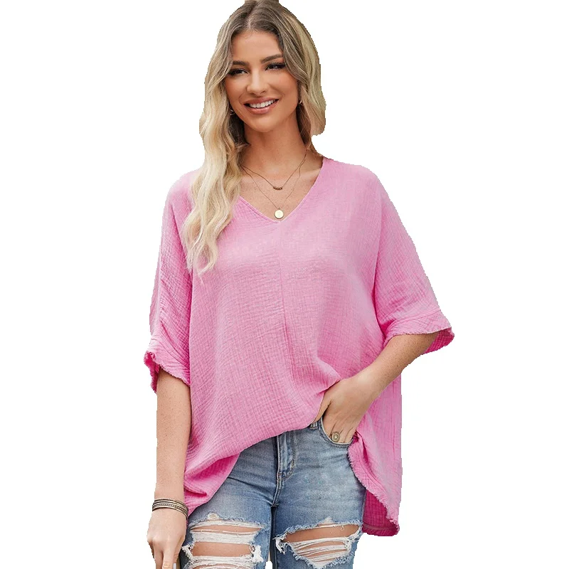 New Loose Pullover T-Shirt For Women Casual Solid V-Neck Short Sleeve Thin Half Top
New Loose Pullover T-Shirt For Women Casual Solid V-Neck Short Sleeve Thin Half Top