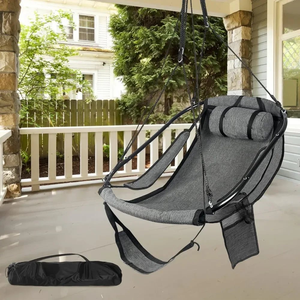 Hammock Chair, Sky Chair with Metal Pole with Side Pockets, Support Pillow, Max Capacity 330 Lbs, Black, Hammocks
Hammock Chair, Sky Chair with Metal Pole with Side Pockets, Support Pillow, Max Capacity 330 Lbs, Black, Hammocks