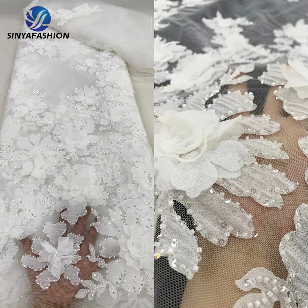 

Sinya Beautiful 3D Laser Applique Flower White Beaded Lace Fabric Luxury Bridal Wedding Nigeria African 3D Lace Fabric For Women