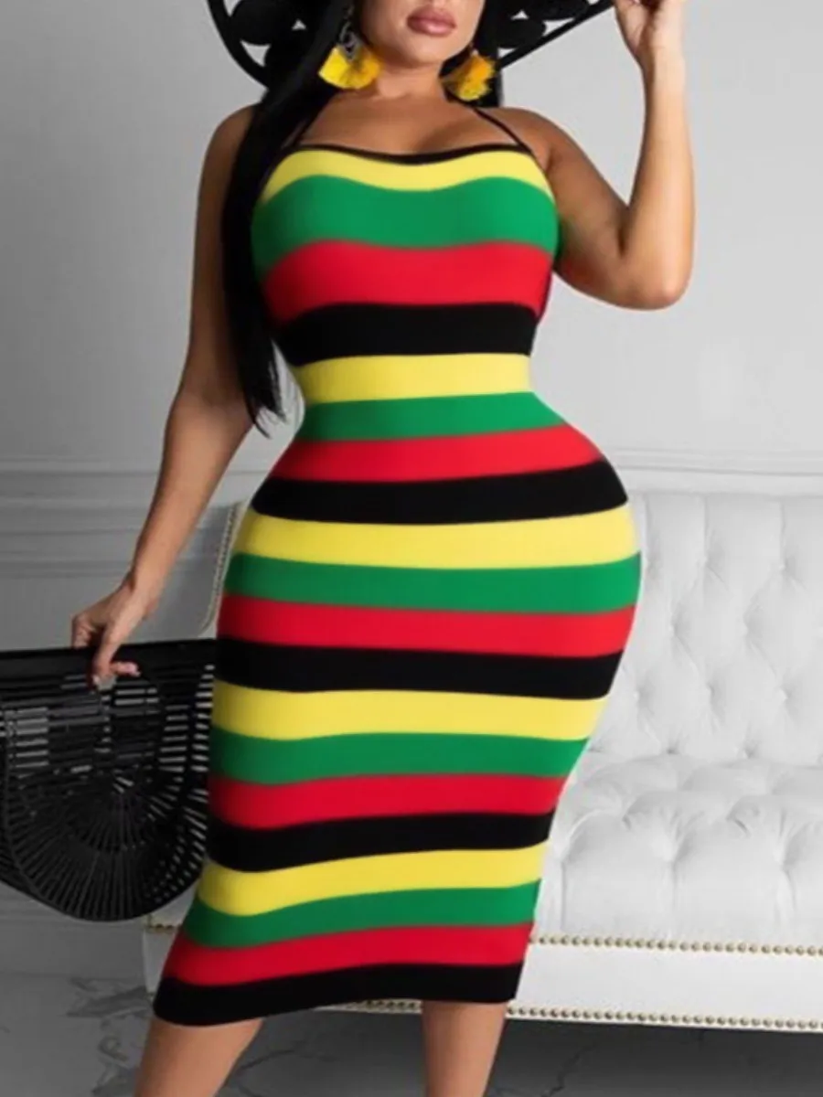 

LW Plus Size Striped Backless Dress Color Contrast Sleeveless Mid Calf Wrapped Skirt Rainbow One Piece Overalls Boho Maxi Dress