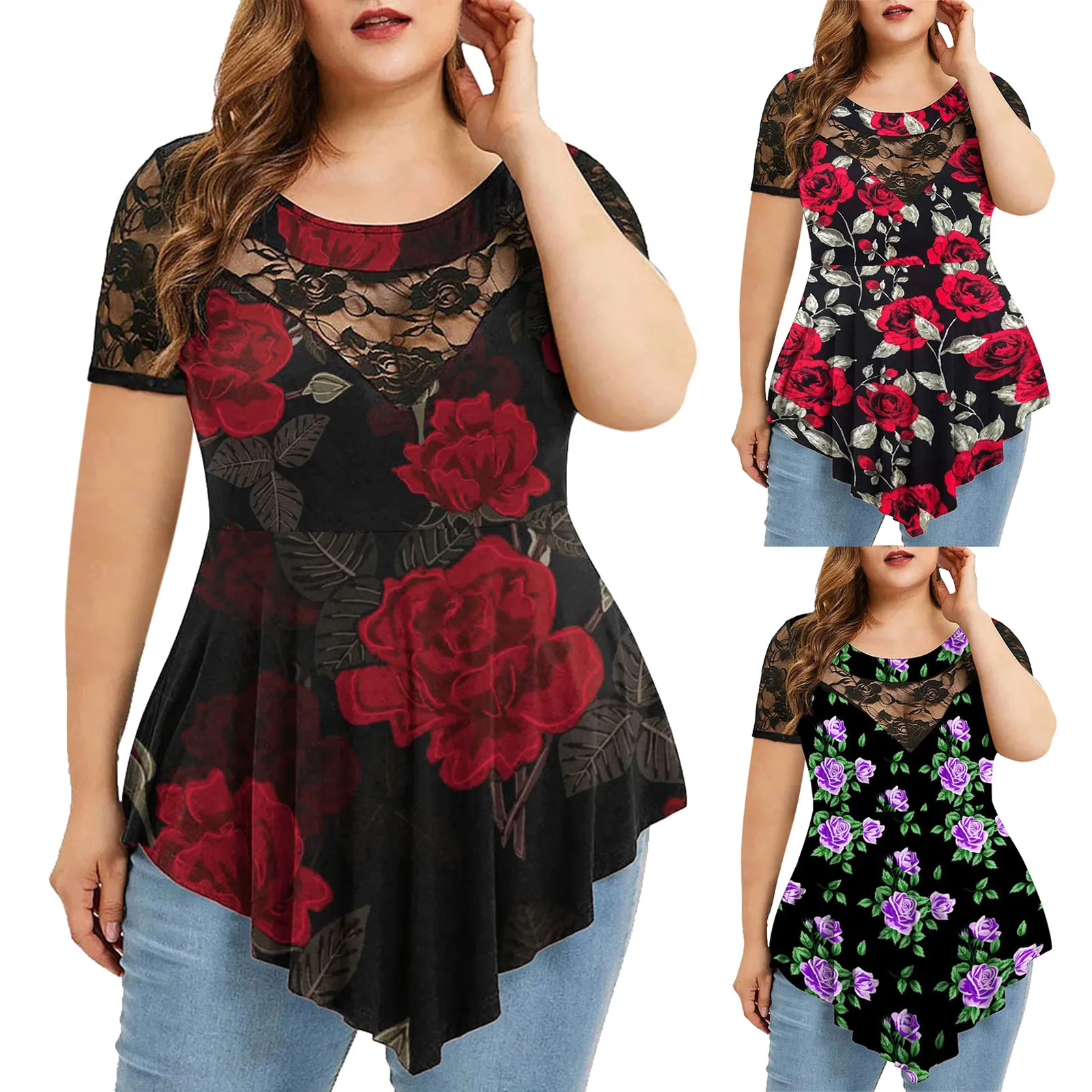 

Plus Size Shirts Womens Summer Short Sleeve Blouse Ladies Casual Dressy O Neck Tunics Lace Tops Flowers Printing Shirts Female