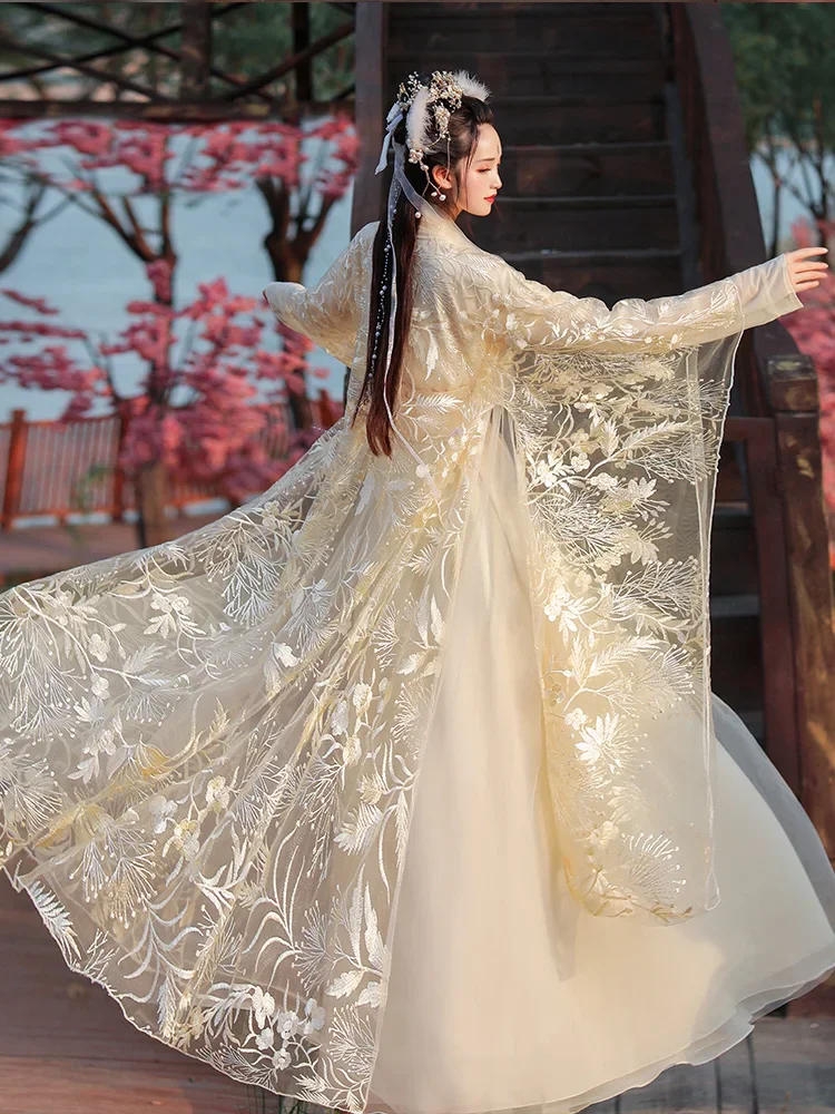 

Женский костюм в китайском стиле Hanfu, винтажный элегантный костюм с цветочной вышивкой, сказочные танцевальные костюмы, женский костюм принцессы