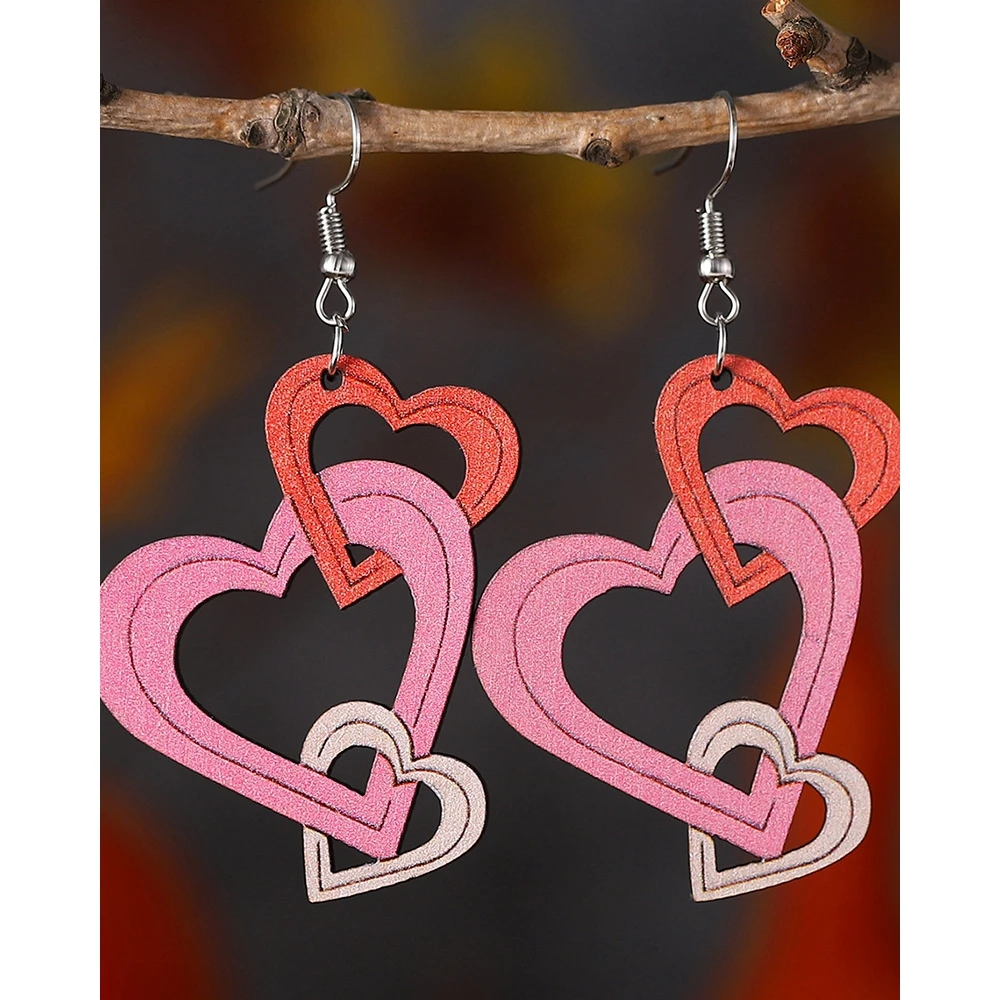 

1Pair Vintage Ombre Heart-Shaped Handwork Earrings Women Double-Sided Wooden Going Out Valentine's Day Accessories