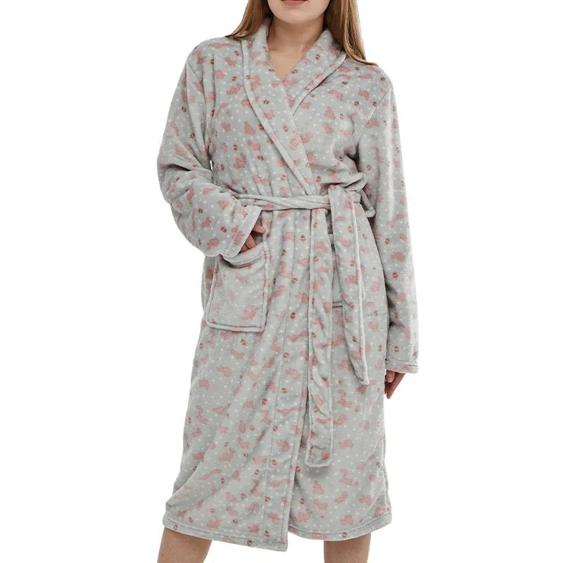 

Халат-кимоно Женский флисовый с карманами, фланелевый Серый халат с принтом, одежда для сна, коралловый цвет, теплая одежда для сна