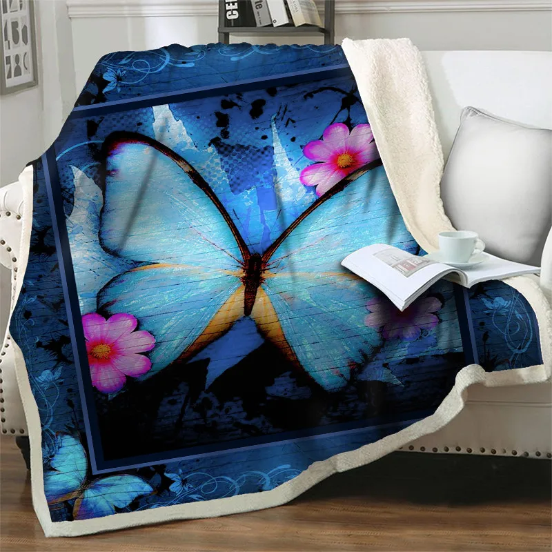 

Blue Butterfly 3D Printed Bedspread Sherpa Blankets Soft Warm Quilts Couch Cover Travel Youth Bedding Plush Throw Fleece Blanket