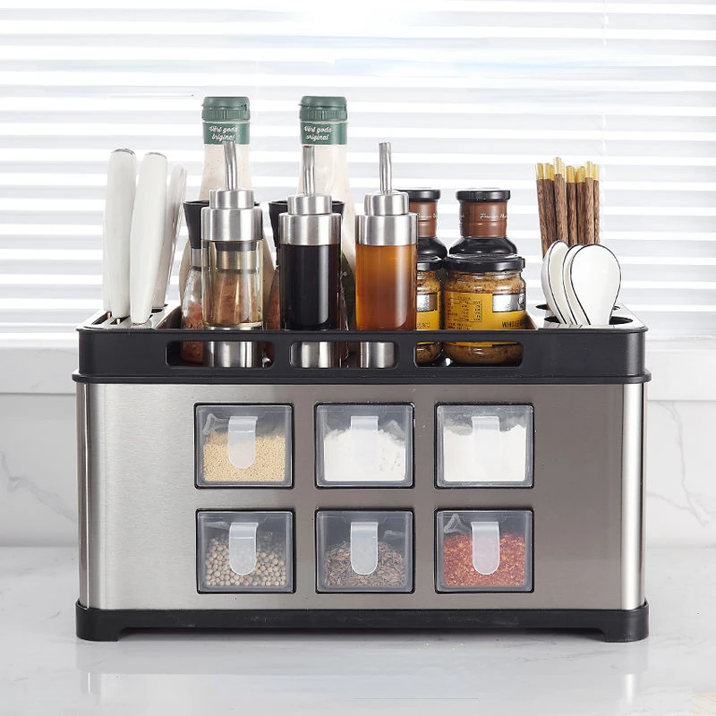 Seasoning Storage Box Kitchen Countertop Organizer Multi-Functional Stainless Steel Condiment Jar Knife Holder Organizer
Seasoning Storage Box Kitchen Countertop Organizer Multi-Functional Stainless Steel Condiment Jar Knife Holder Organizer