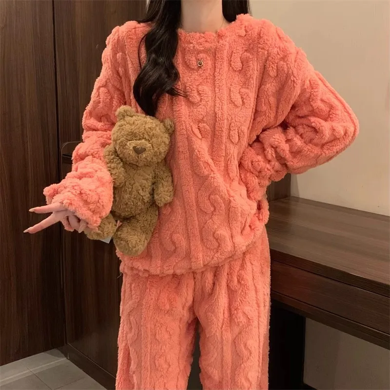 Thickened Warm Sleepwear for Winter Women Flannel Suit Student Pajamas Homewear Tops and Pants Striped Nightwear Loungewear Thickened Warm Sleepwear for Winter Women Flannel Suit Student Pajamas Homewear Tops and Pants Striped Nightwear Loungewear