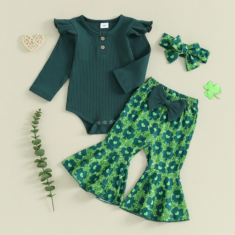 

3Pcs Baby Girls Irish Day Outfits Long Sleeve Ribbed Romper Flare Pants Bow Headband Set Infant Spring Clothes