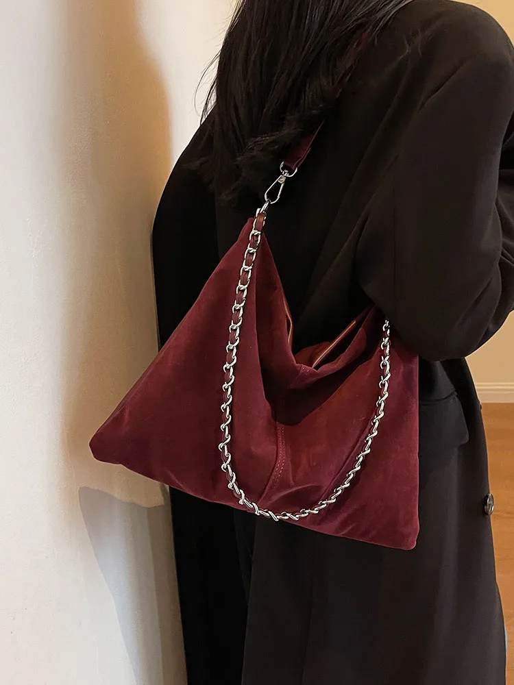 

Красная Вместительная женская сумка через плечо, новая модная Замшевая сумка-тоут на весну и осень, винтажная сумка через плечо с цепочкой
