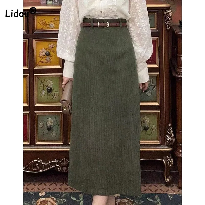 

Temperament Fashion High Waist A-Line Skirt Autumn Winter Women's Clothing Solid Color Sashes All-match Midi Skirts for Female