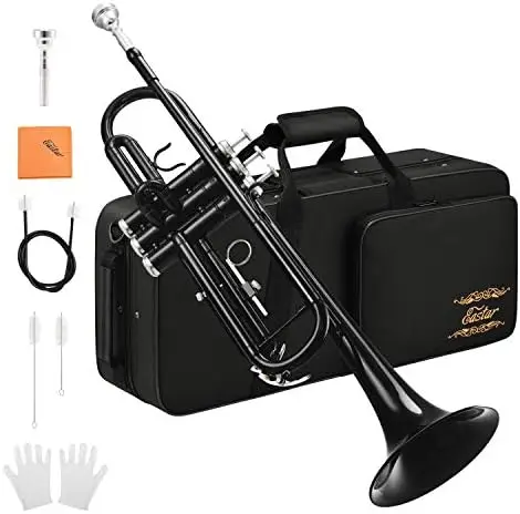 

Bb Standard Trumpet Set for Beginner, Brass Student Trumpet Instrument with Hard Case, Cleaning Kit, 7C Mouthpiece and Gloves, E