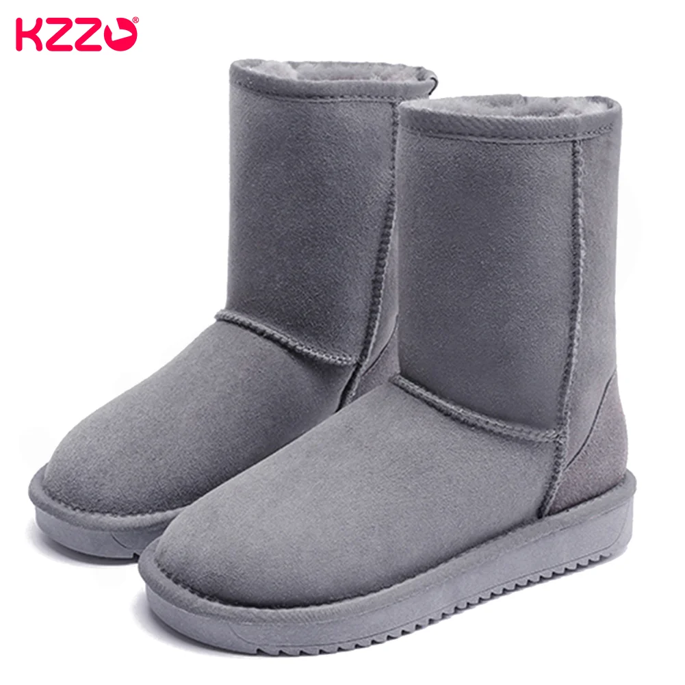 

KZZO Size 36-48 Australia Classic Sheepskin Suede Leather Men Sheep Wool Fur Lined Winter Mid-Calf Snow Boots Waterproof Shoes