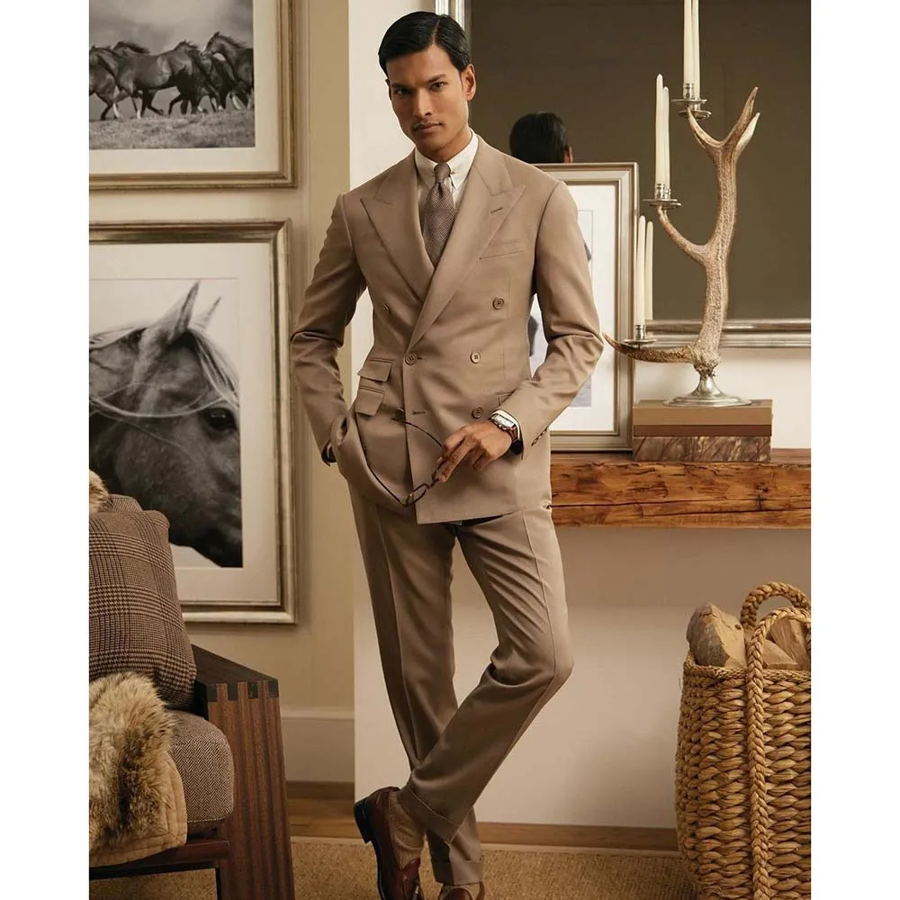 

Мужской брючный костюм цвета хаки, официальный двубортный пиджак с лацканами, стандартная длина, комплект из 2 предметов, блейзер высокого качества, мужская одежда