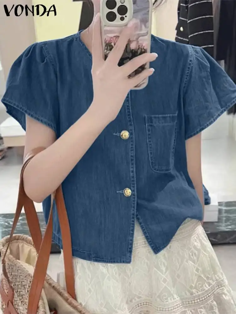 Fashion Shirt Women Denim Tops 2023 VONDA Summer Puff Short Sleeve Blouses Buttons Pockets Solid Color Casual Blusas Femininas
Fashion Shirt Women Denim Tops 2023 VONDA Summer Puff Short Sleeve Blouses Buttons Pockets Solid Color Casual Blusas Femininas