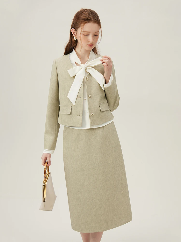 

FSLE Fake Two-piece Women Green-gray Skirt Set White Bow Neckline Short Style Coat Back Elastic Waist Skirt 24FS11187+24FS11186