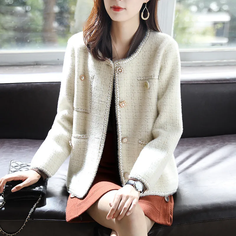 

Elegant Faux Mink Cashmere Sweater Cardigan Women Vintage Luxury Plaid Knitted Coat Korean Style Soft O-Neck Knitwear Tops H2660