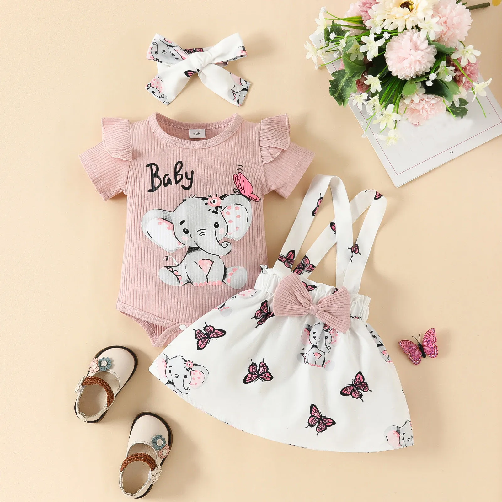 

3Pcs Infant Baby Girls Clothes Outfits Puff Short Sleeve Rompers+Lovely Elephant Printed Suspender Skirts+Headband New Born Sets